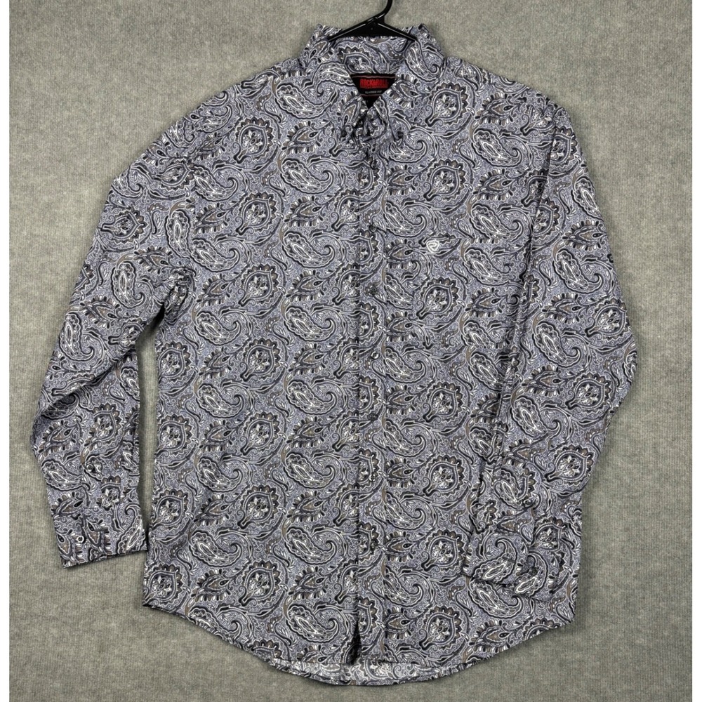 Rock & Roll Denim Classic Fit Paisley Western Shirt Large Blue Brown B2D2032
